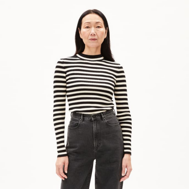 Armedangels | ALAANIA striped top | Black-Oatmilk