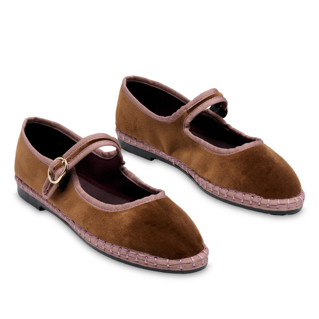 FLABELUS | BALTHASAR Velvet Pumps | Brown with Pink Trim