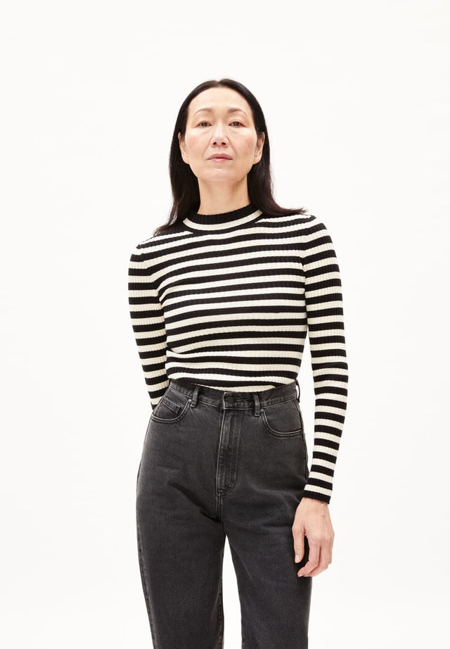 Armedangels | ALAANIA striped top | Black-Oatmilk