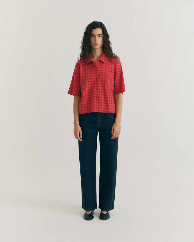 Thinking Mu | ANE Blouse | Red Seersucker Check