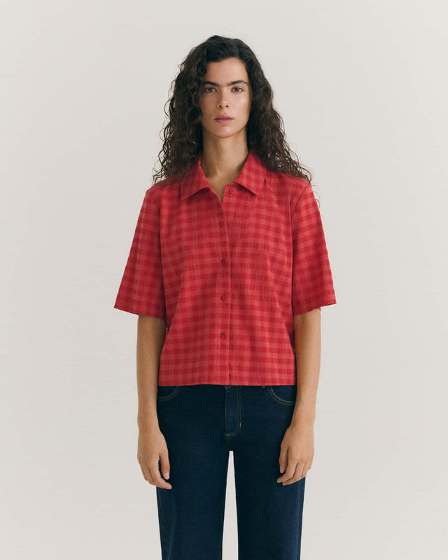 Thinking Mu | ANE Blouse | Red Seersucker Check