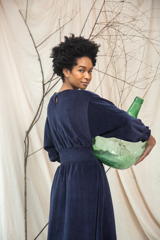Beaumont Organic | ALENA Organic Velour Dress | Navy